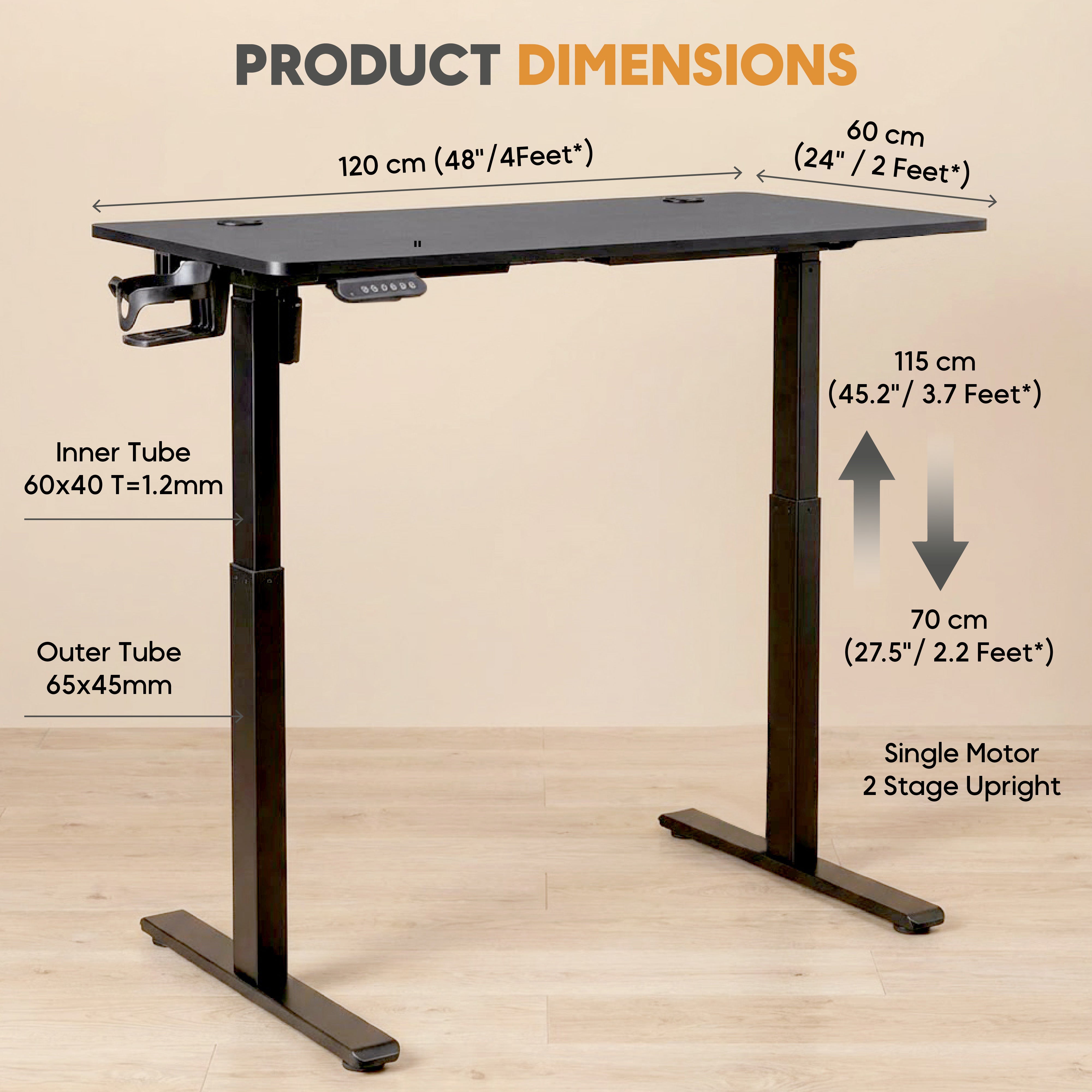 Electric Standing Desk 120×60 cm –  with 3 Memory Presets - Black