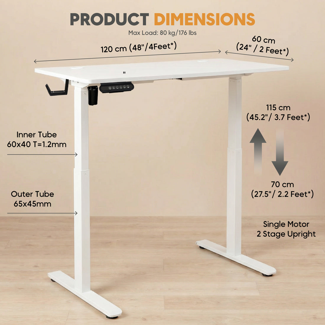 Electric Standing Desk 120×60 cm –  with 3 Memory Presets - White top and White Frame