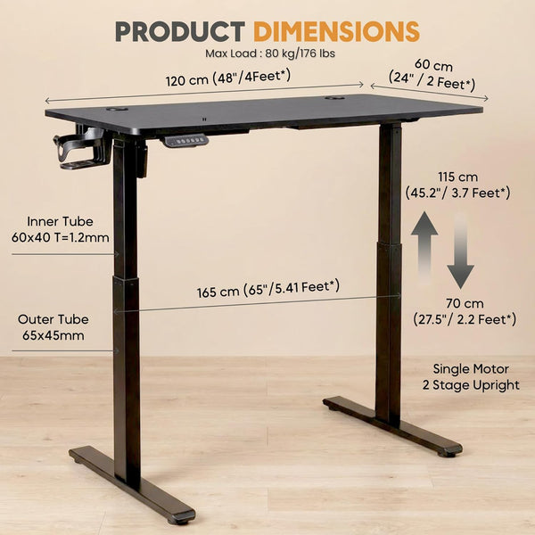 Electric Standing Desk 120×60 cm –  with 3 Memory Presets - Black top and Black Frame