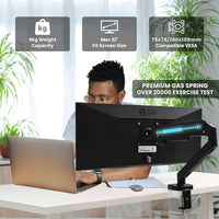 S100 Single Monitor Arm for 13-32" Screens | Gas Spring VESA Desk Mount (75x75/100x100) | 9kg Load Capacity | Clamp & Grommet Mount | 2 Year Warranty