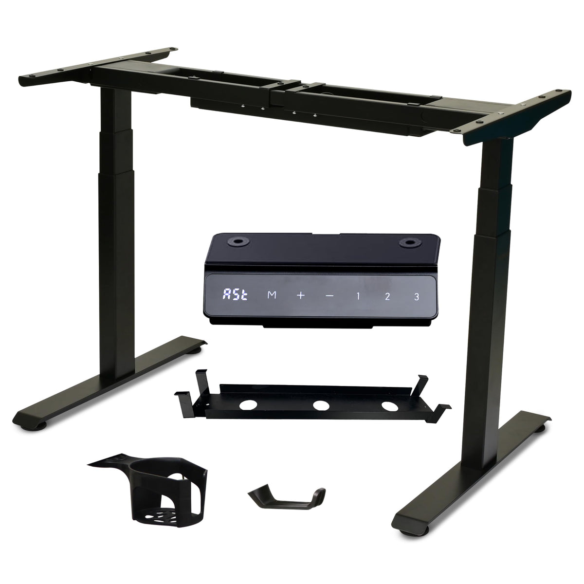 Black adjustable desk with control panel on a white background