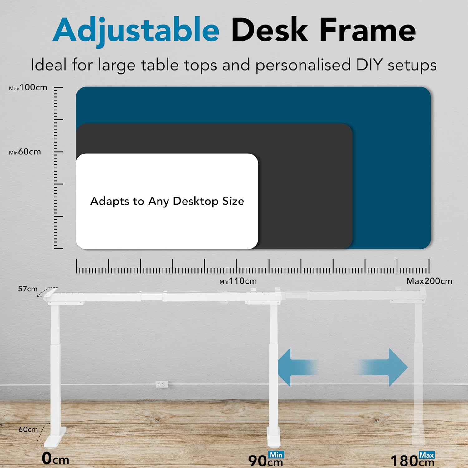 Pro Series adjustable desk frame showing height range and specifications