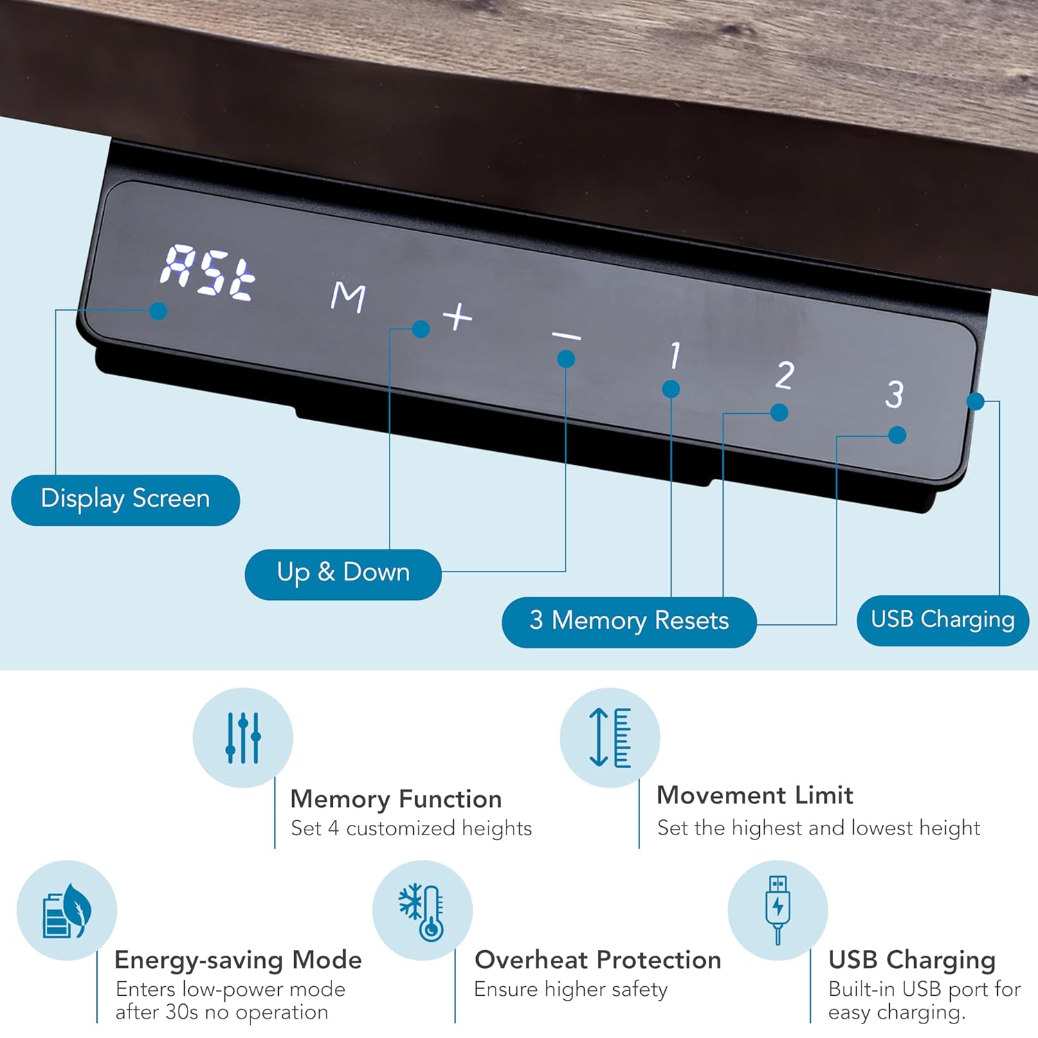 Pro Series desk frame control panel with memory preset and control features