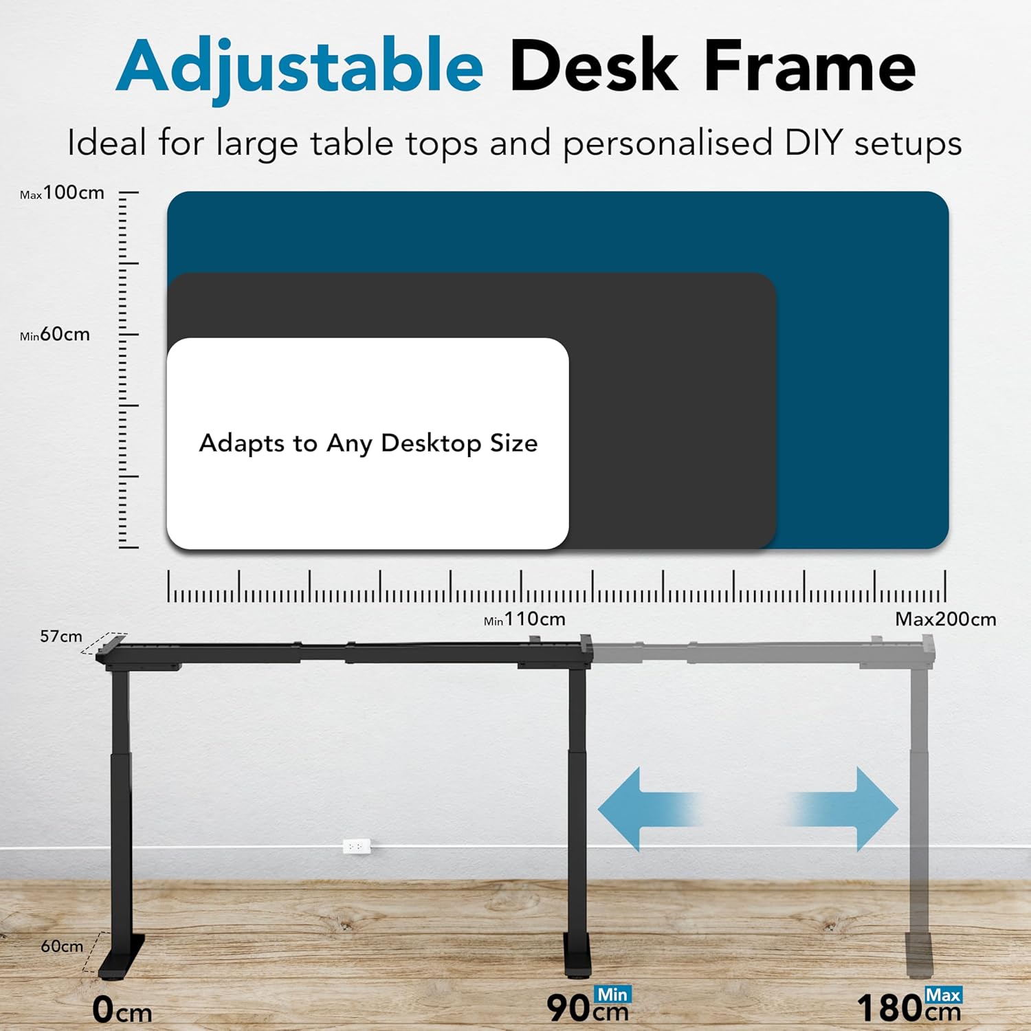 Pro Series height adjustable desk frame showing adjustable height range