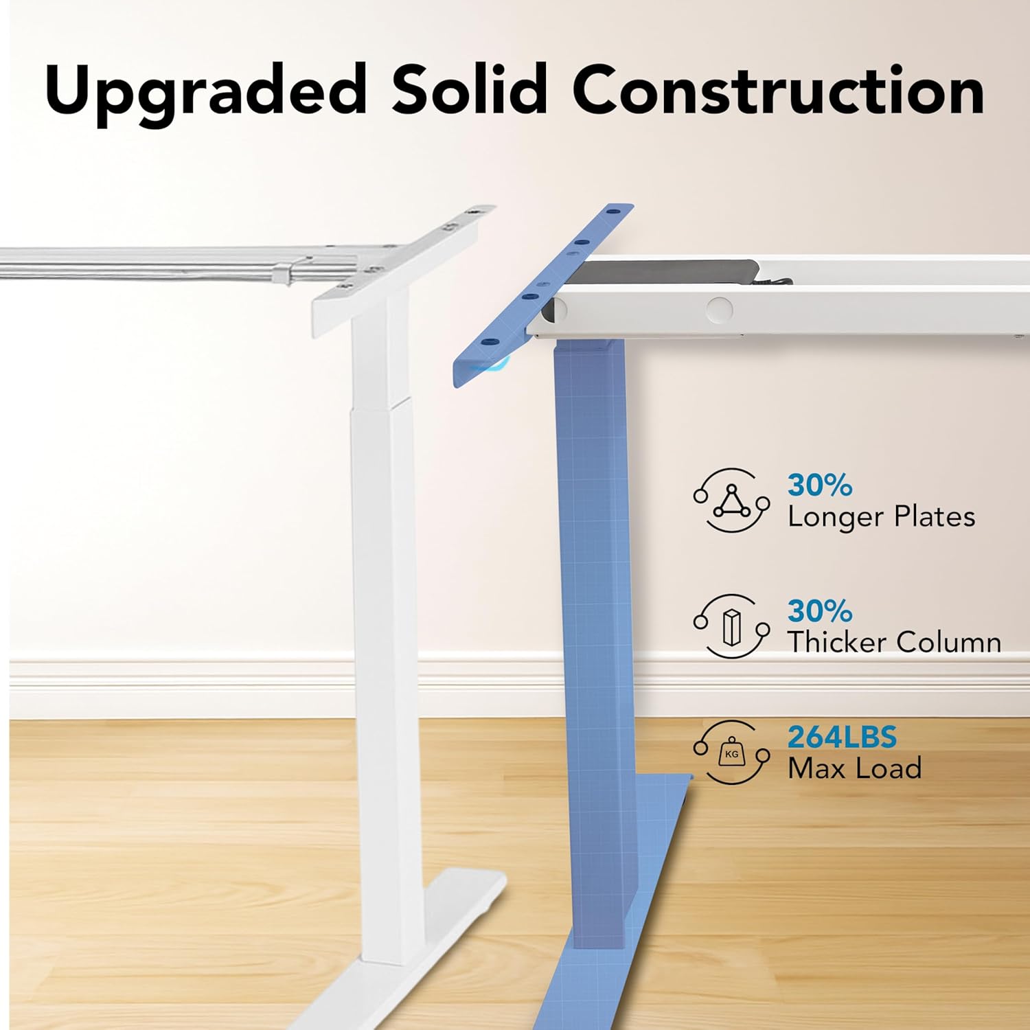 Pro Series white adjustable desk frame showing solid construction details