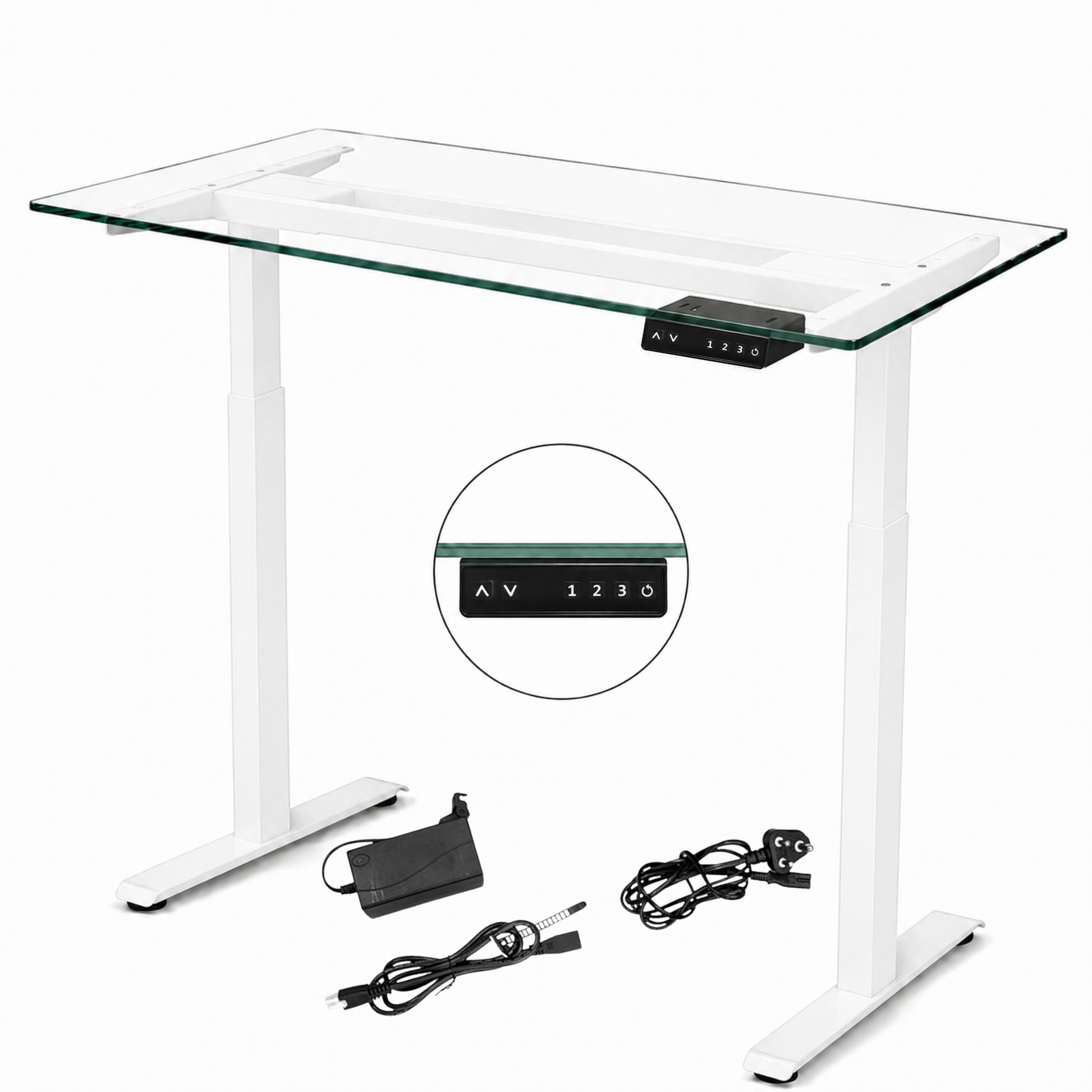 Pro Series white height adjustable desk frame with motor, control panel and cables