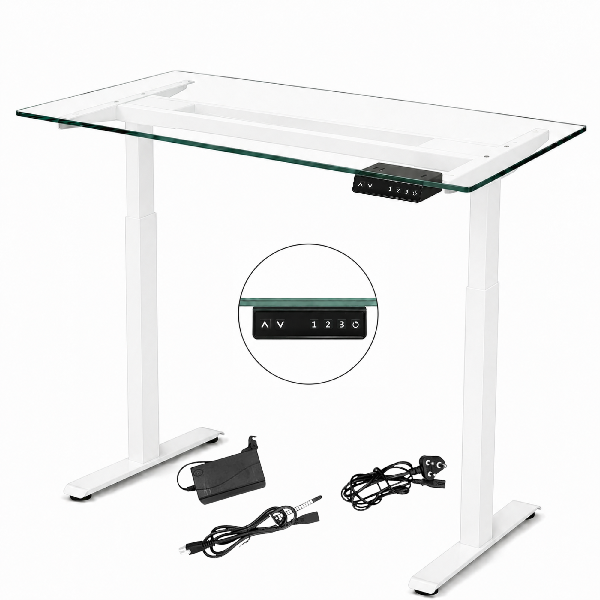 Pro Series white height adjustable desk frame with motor, control panel and cables