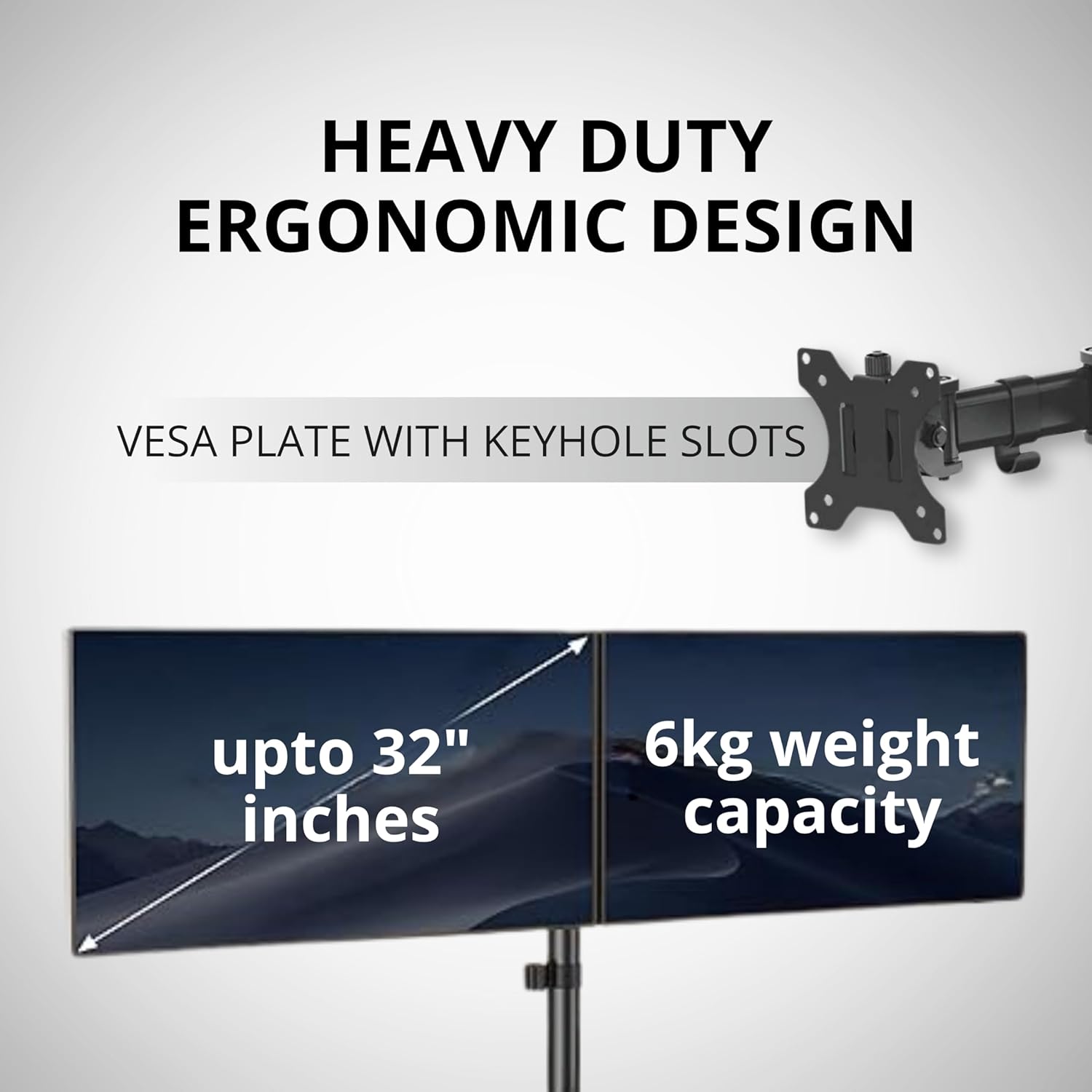 t200 Monitor stand with heavy-duty ergonomic design, VESA plate with keyhole slots, support for up to 32-inch monitors, and 6kg weight capacity.