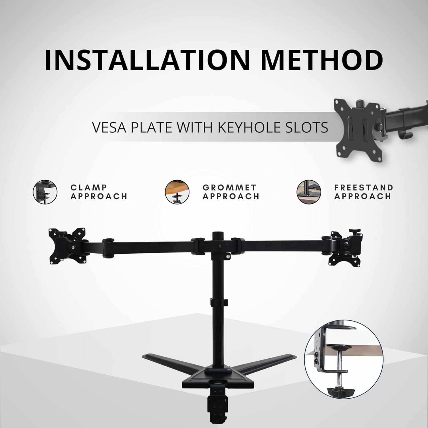 t200 dual Monitor stand with installation method diagram on a gray background
