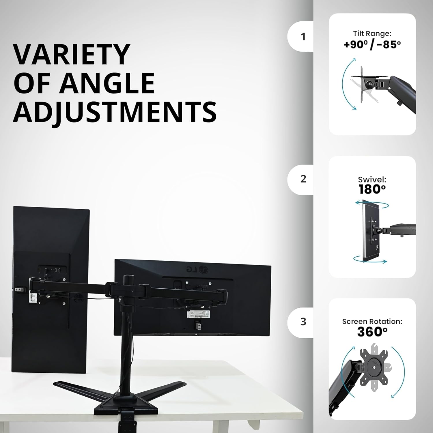 Monitor stand with angle adjustments on a white background
