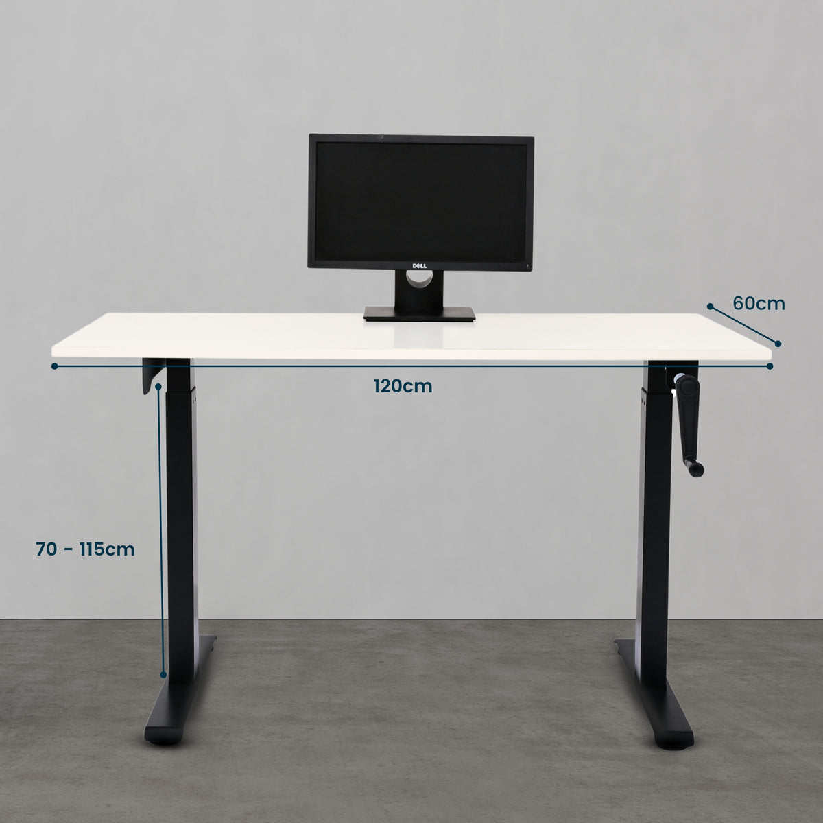 Yoodesk Frosty White manual standing desk with black frame front view