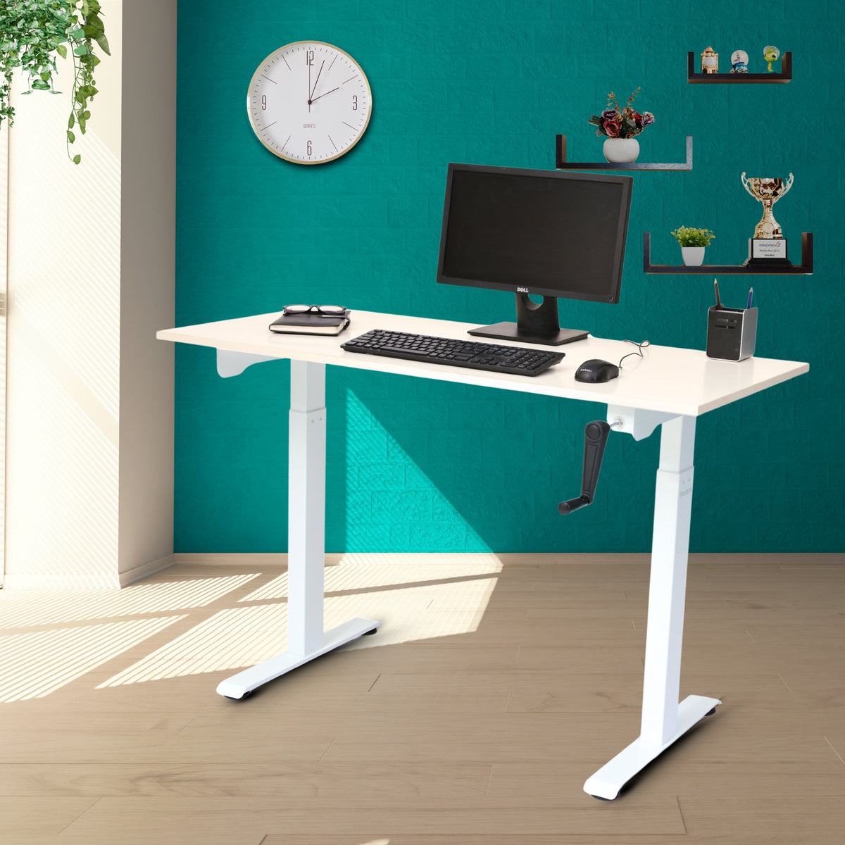 Yoodesk Essential Series Frosty White manual standing desk with white frame