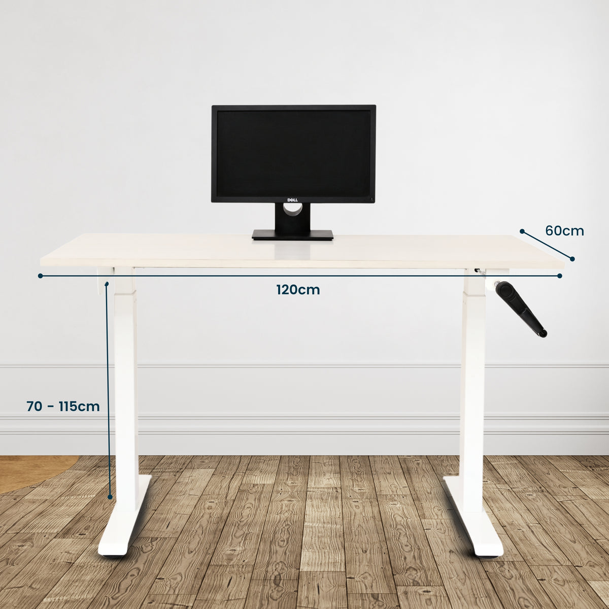 Yoodesk Frosty White manual standing desk with black frame front view