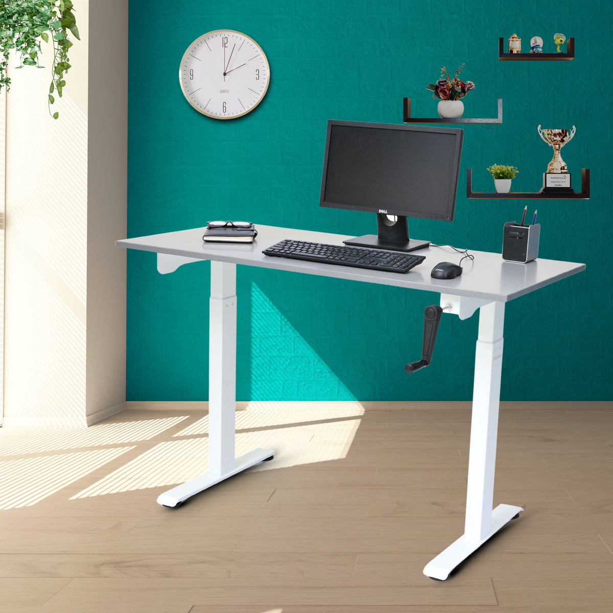 Yoodesk Essential Series Gothic Grey manual standing desk with white frame