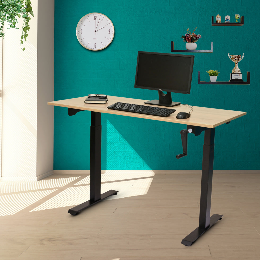 Yoodesk Essential Series Highland Pine manual standing desk with black frame