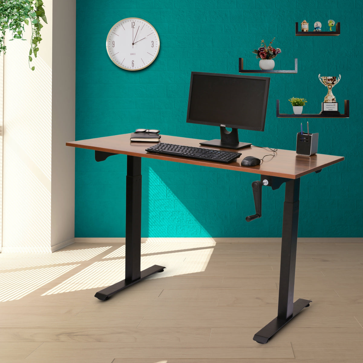 Yoodesk Essential Series Walnut manual standing desk with black frame