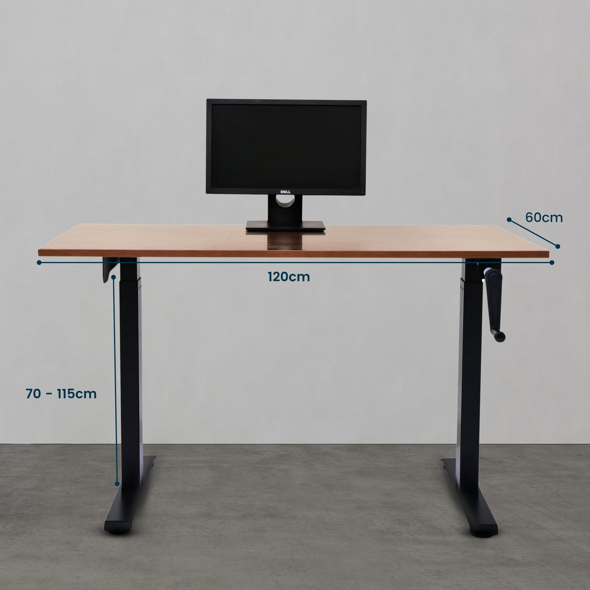 Yoodesk Walnut manual standing desk with black frame front view