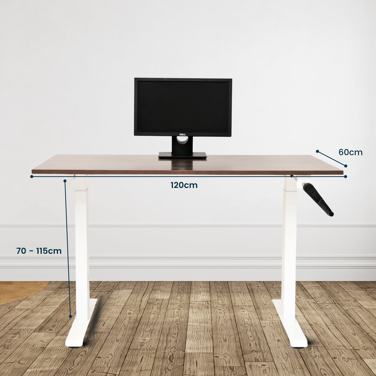 Yoodesk Essential Series Walnut manual standing desk with white frame