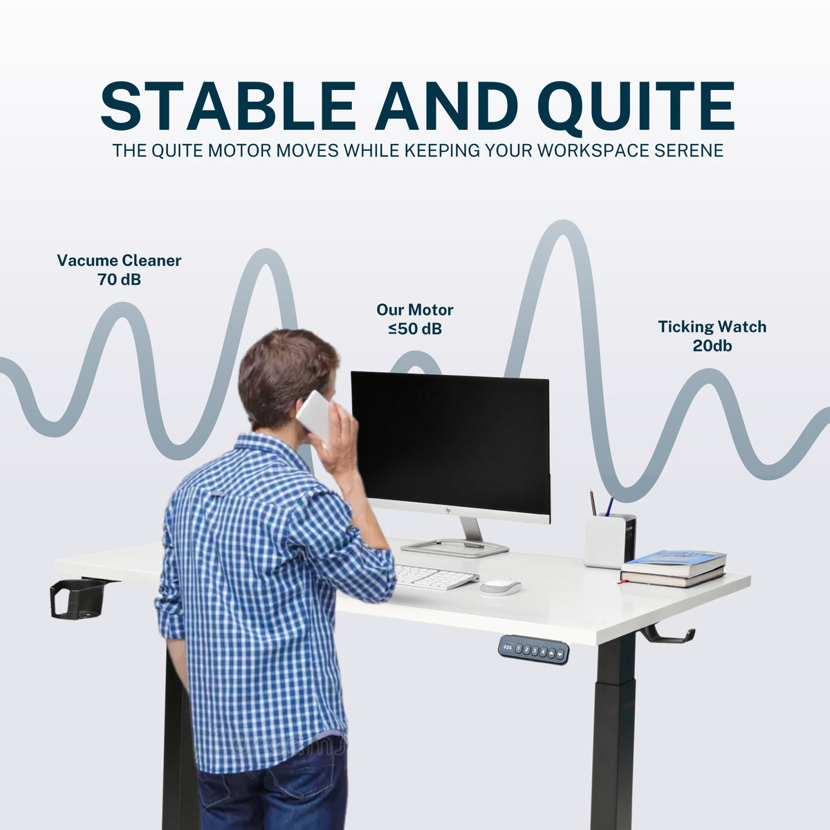 YooDesk Lite Series single motor 2-stage height adjustable standing desk in black frame with Frosty White tabletop, featuring stable and quiet performance