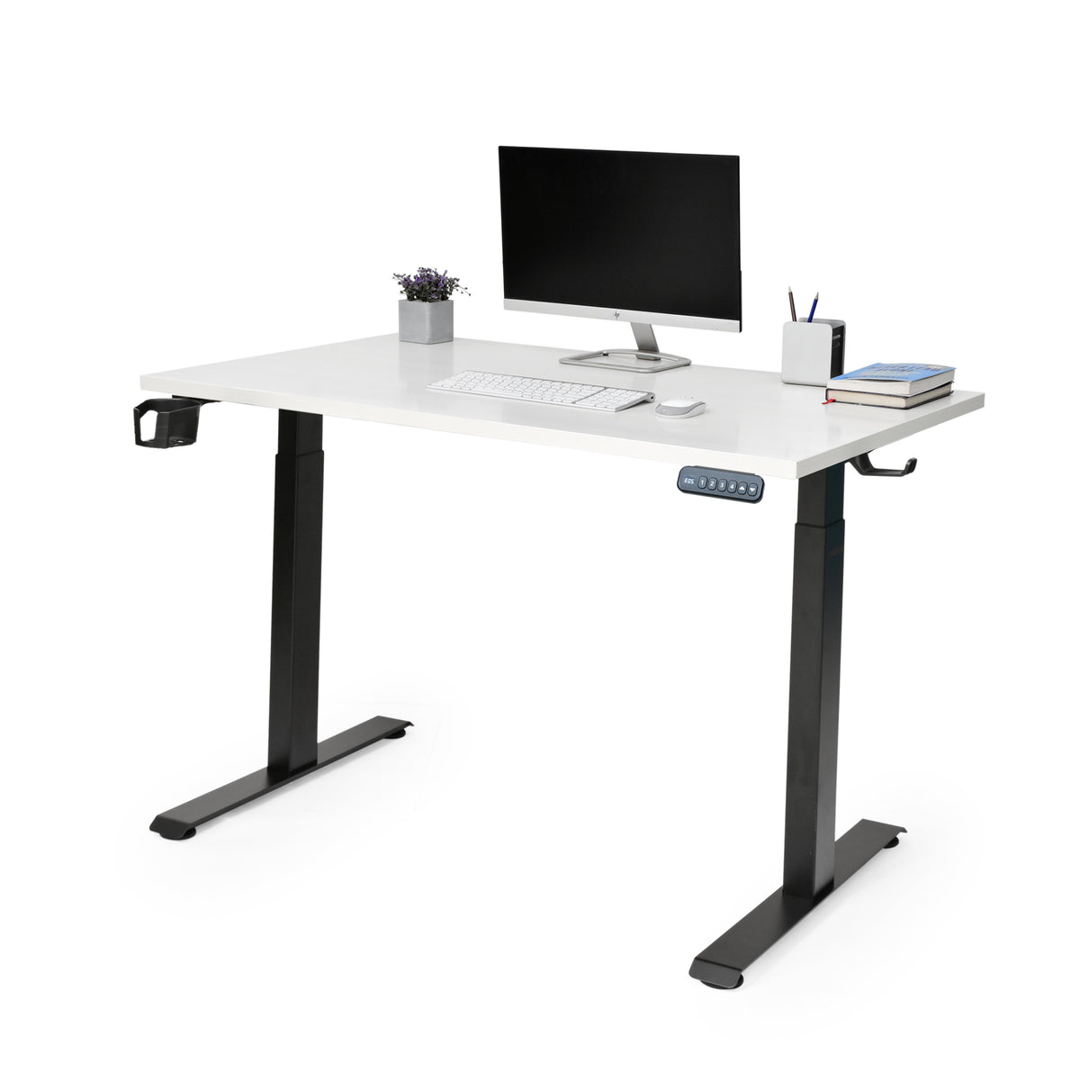 YooDesk Lite Series single motor 2-stage height adjustable standing desk in black frame with Frosty White tabletop