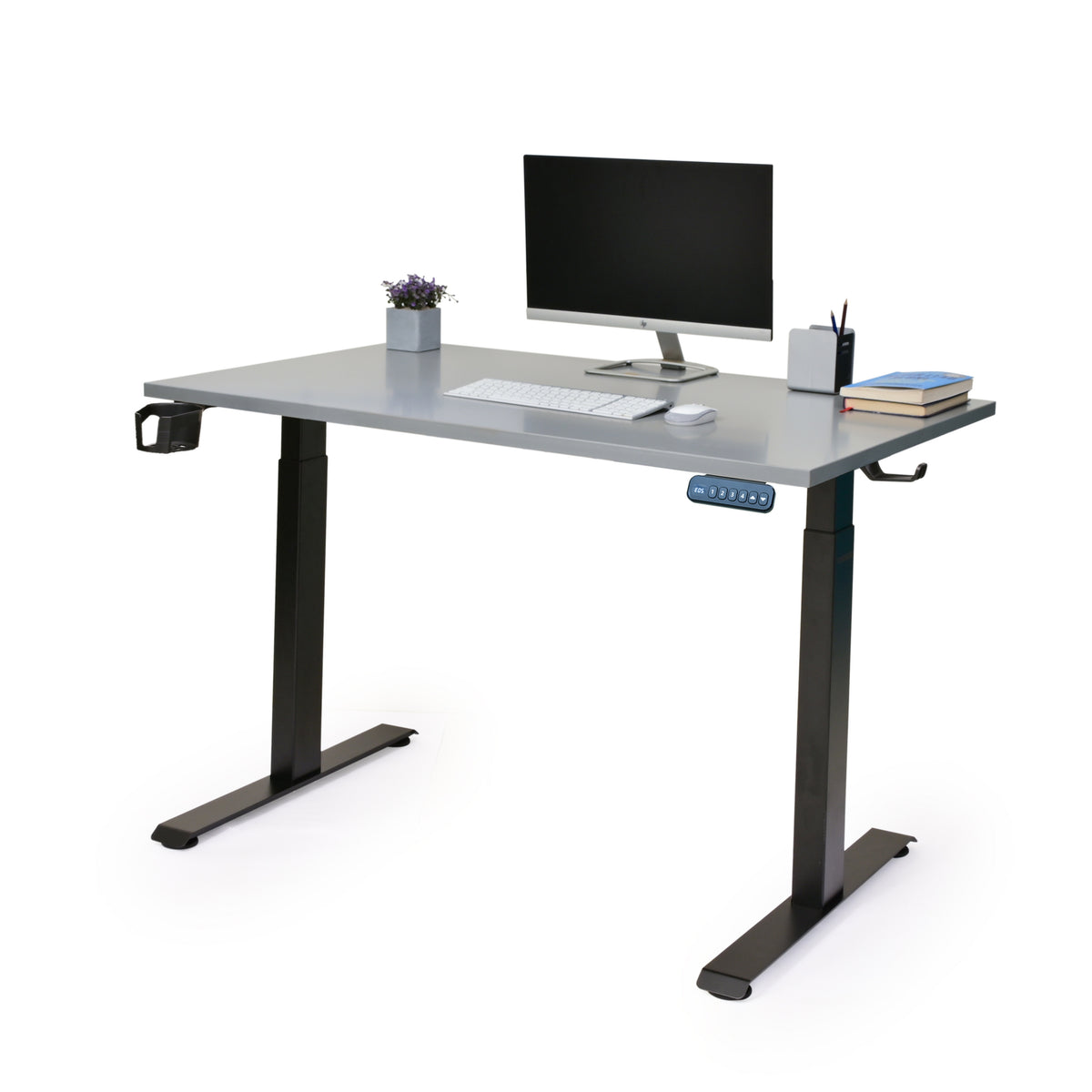 YooDesk Lite Series single motor 2-stage height adjustable standing desk in black frame with Gothic Grey tabletop