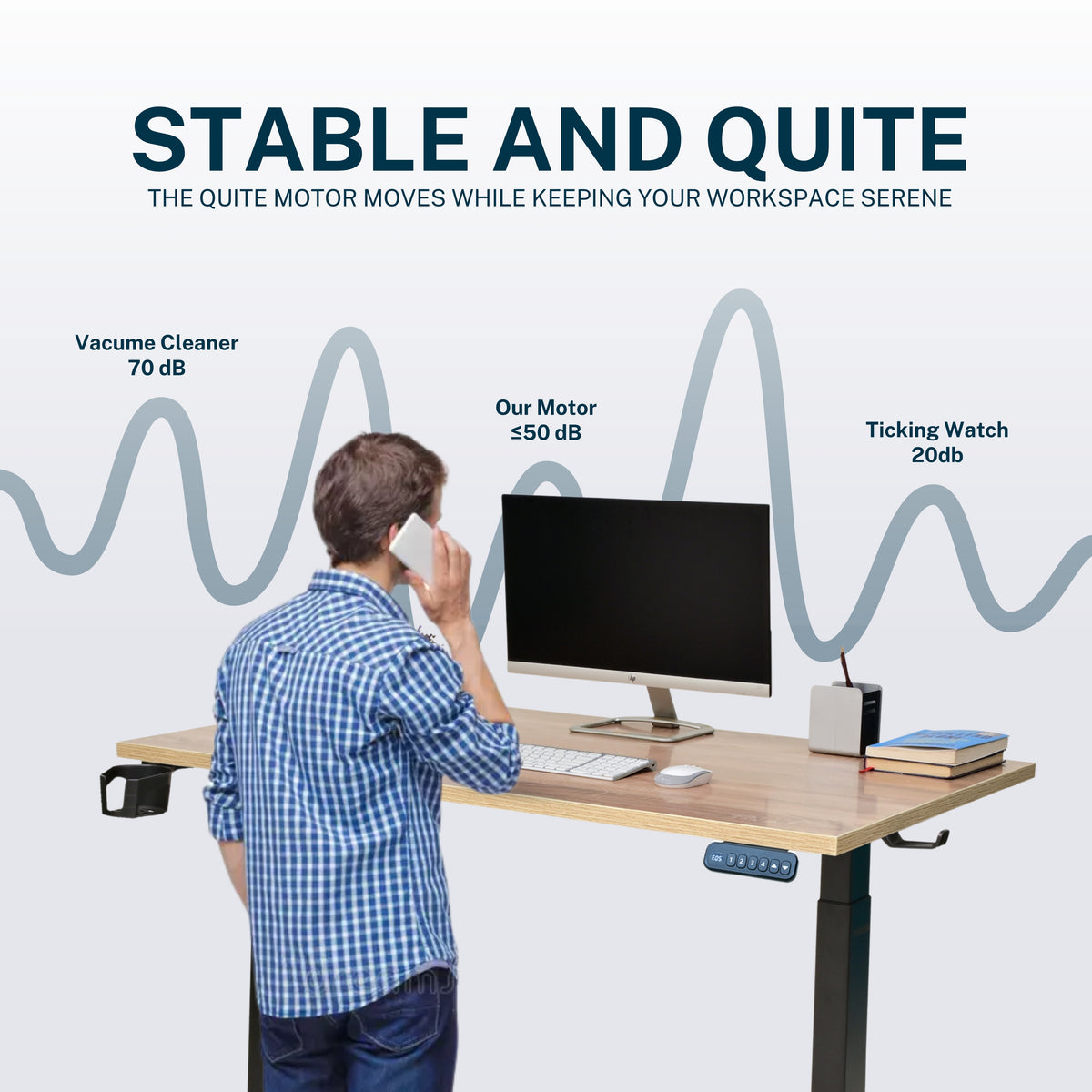 YooDesk Lite Series single motor 2-stage height adjustable standing desk in black frame with Highland Pine tabletop, featuring stable and quiet performance
