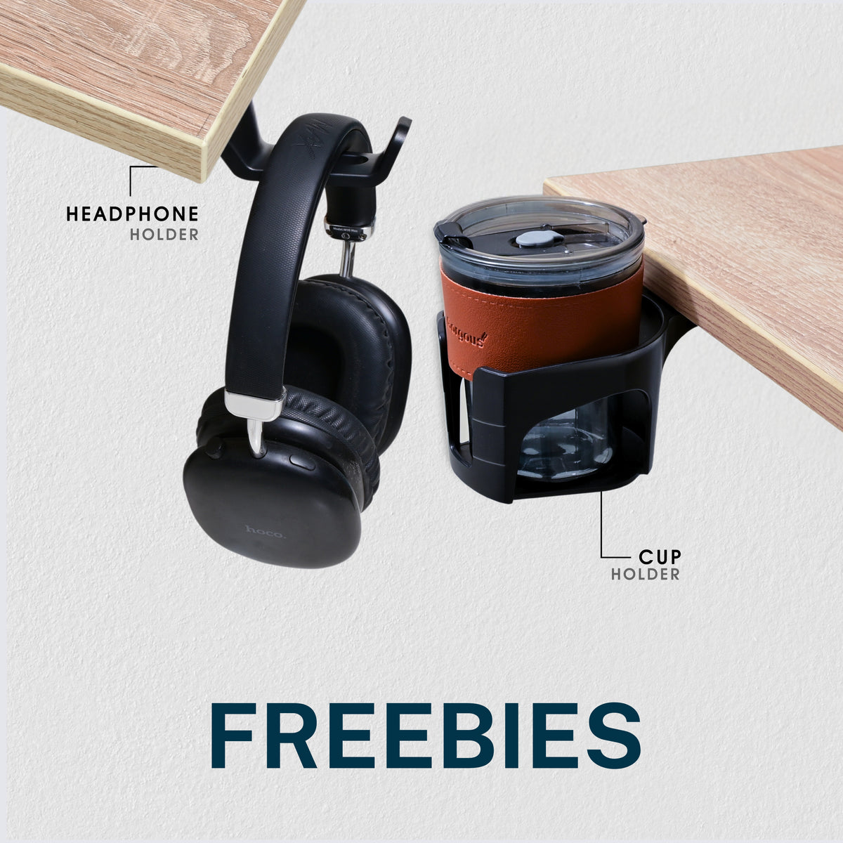 YooDesk Lite Series single motor 2-stage height adjustable standing desk in black frame with Highland Pine tabletop with free black cup holder and headphone holder