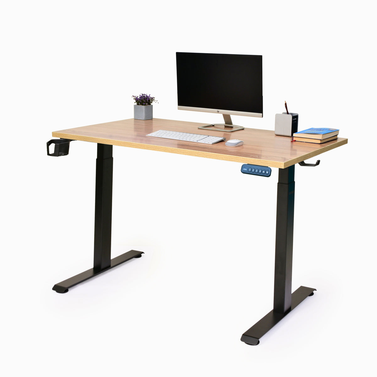 YooDesk Lite Series single motor 2-stage height adjustable standing desk in black frame with Highland Pine tabletop
