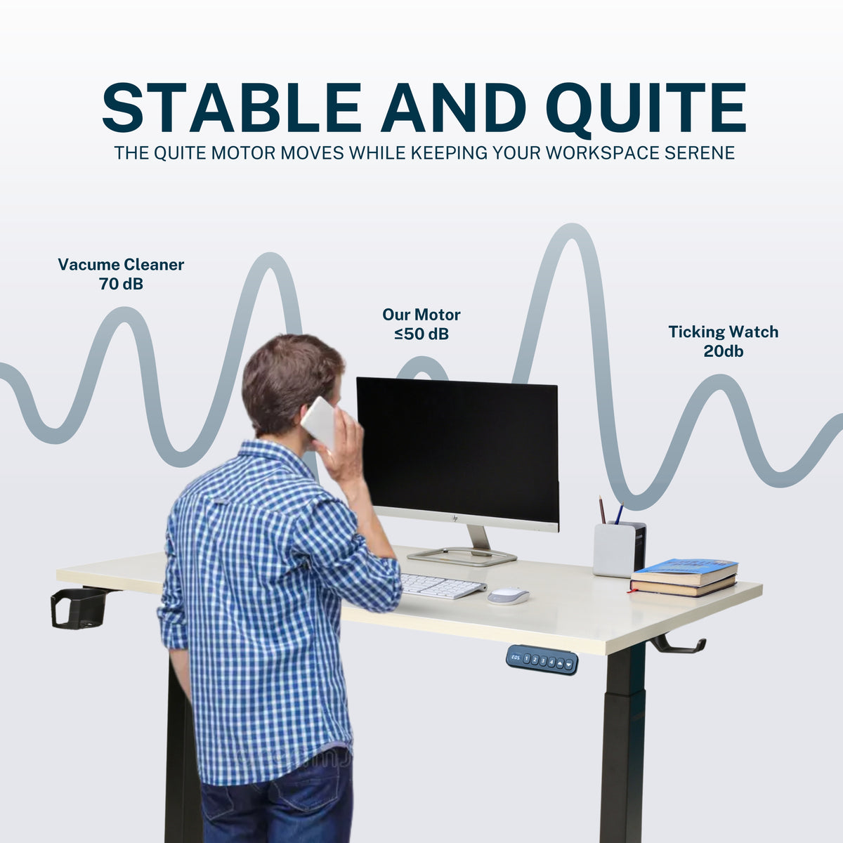 YooDesk Lite Series single motor 2-stage height adjustable standing desk in black frame with Sonoma Light tabletop, featuring stable and quiet performance