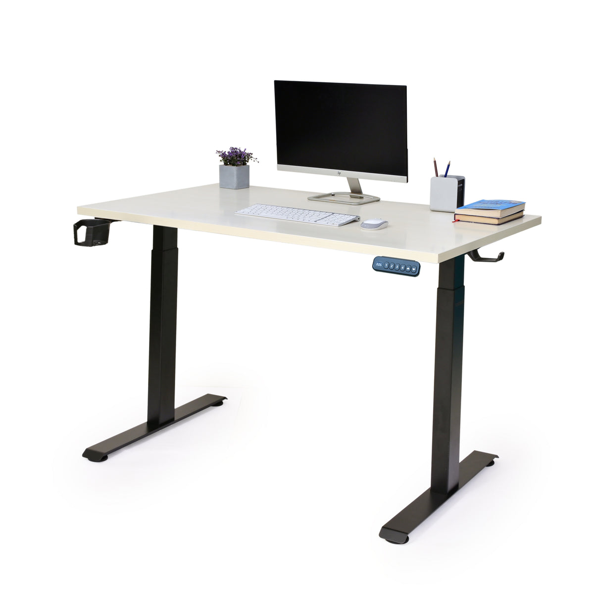 YooDesk Lite Series single motor 2-stage height adjustable standing desk in black frame with Sonoma Light tabletop