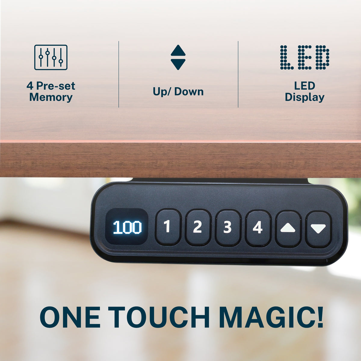 YooDesk Lite Series single motor 2-stage height adjustable standing desk in black frame with Walnut tabletop and control panel with 4 memory presets and LED height display