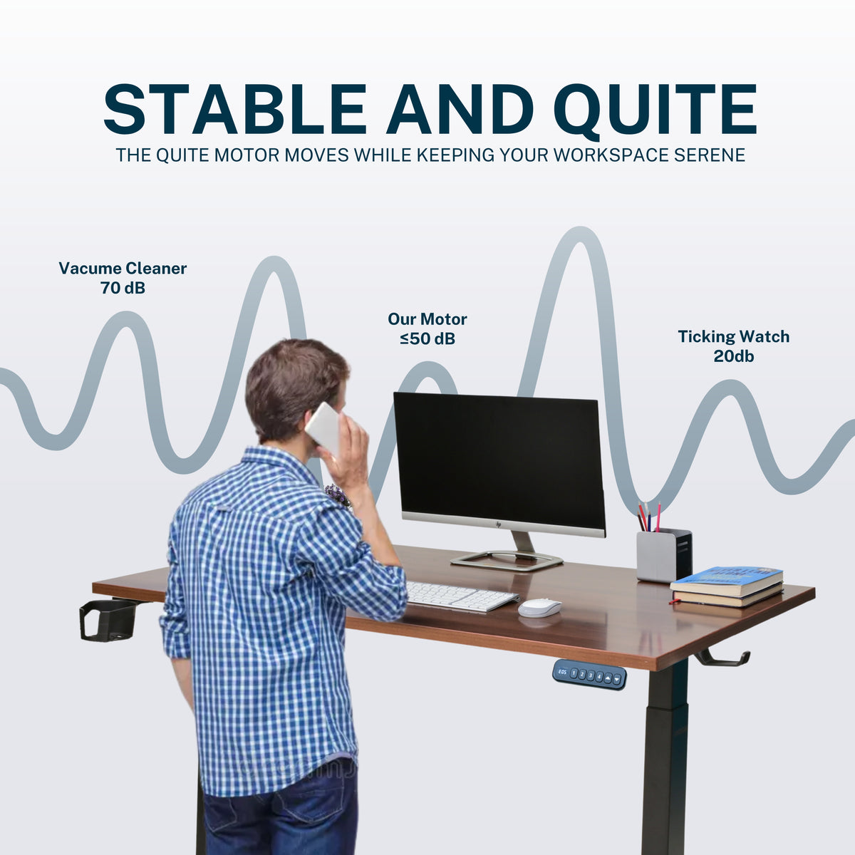 YooDesk Lite Series single motor 2-stage height adjustable standing desk in black frame with Walnut tabletop, featuring stable and quiet performance