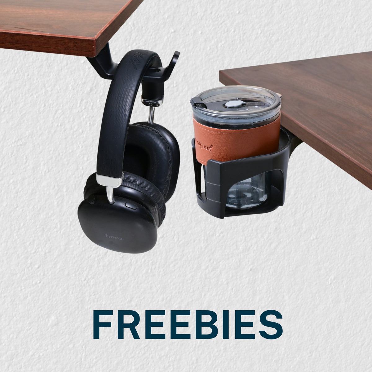 YooDesk Lite Series single motor 2-stage height adjustable standing desk in black frame with Walnut tabletop with free black cup holder and headphone holder