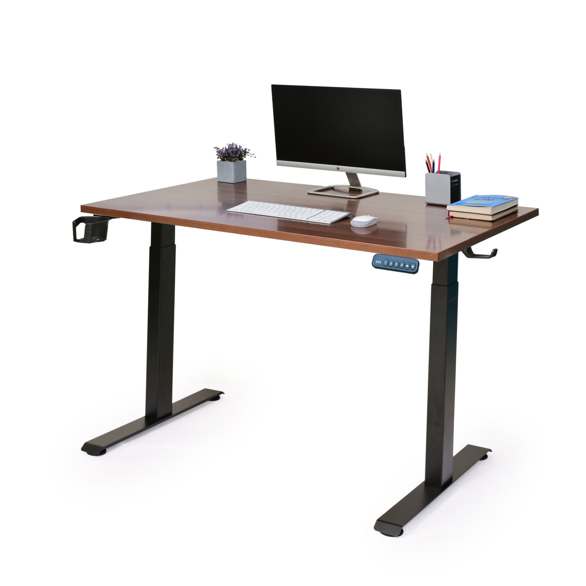 YooDesk Lite Series single motor 2-stage height adjustable standing desk in black frame with Walnut tabletop