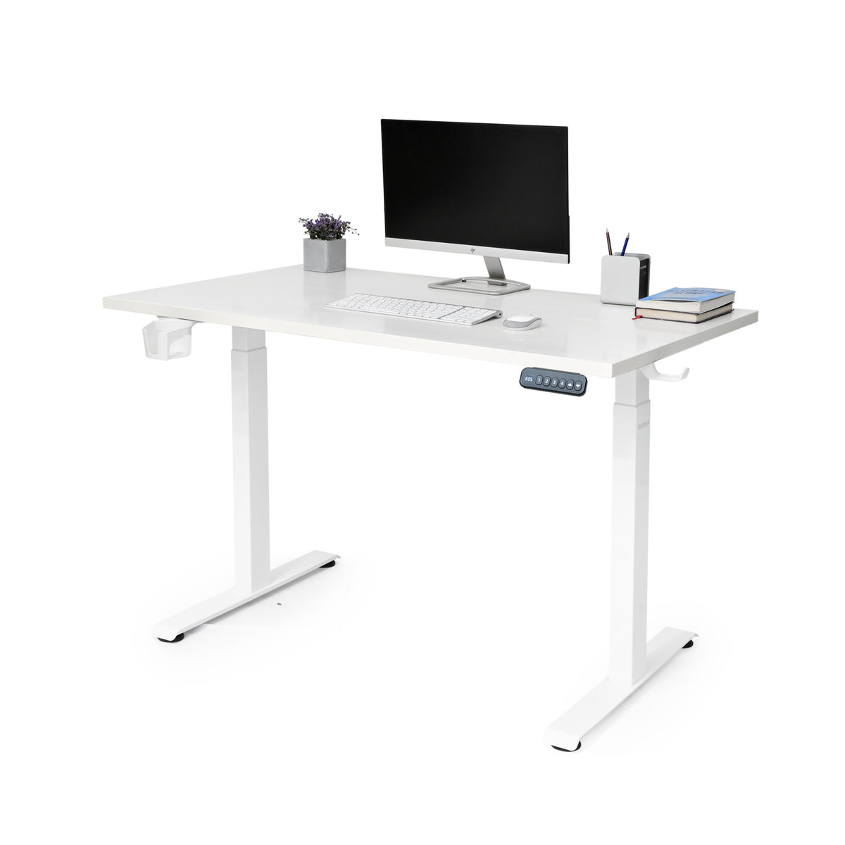 YooDesk Lite Series single motor 2-stage height adjustable standing desk in white frame with Frosty White tabletop