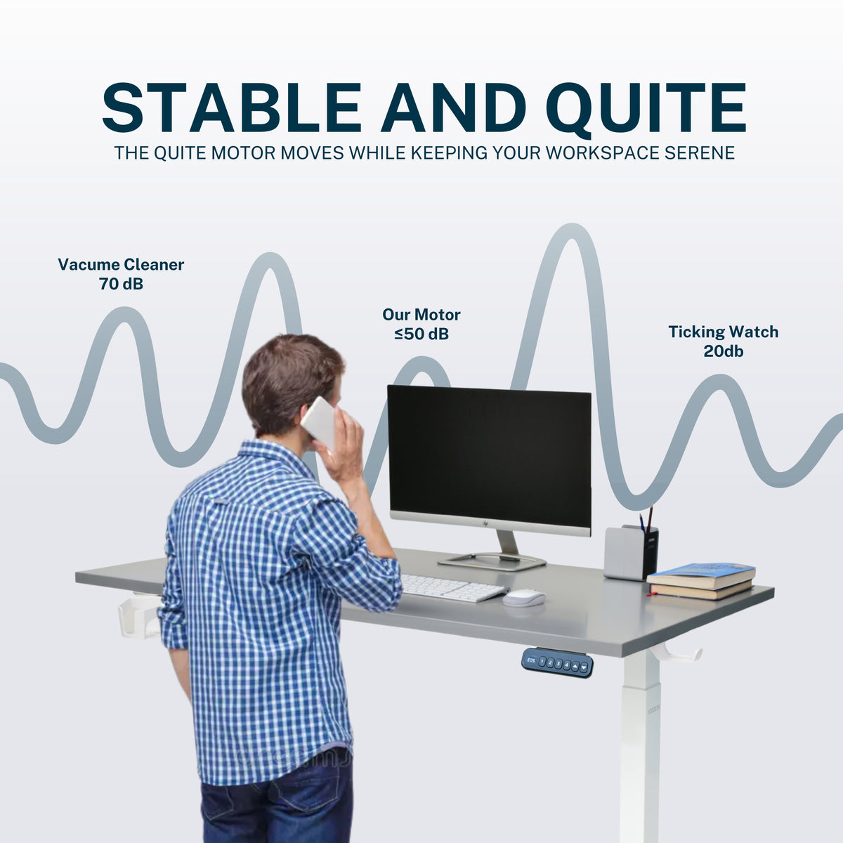 YooDesk Lite Series single motor 2-stage height adjustable standing desk in white frame with Gothic Grey tabletop, featuring stable and quiet performance