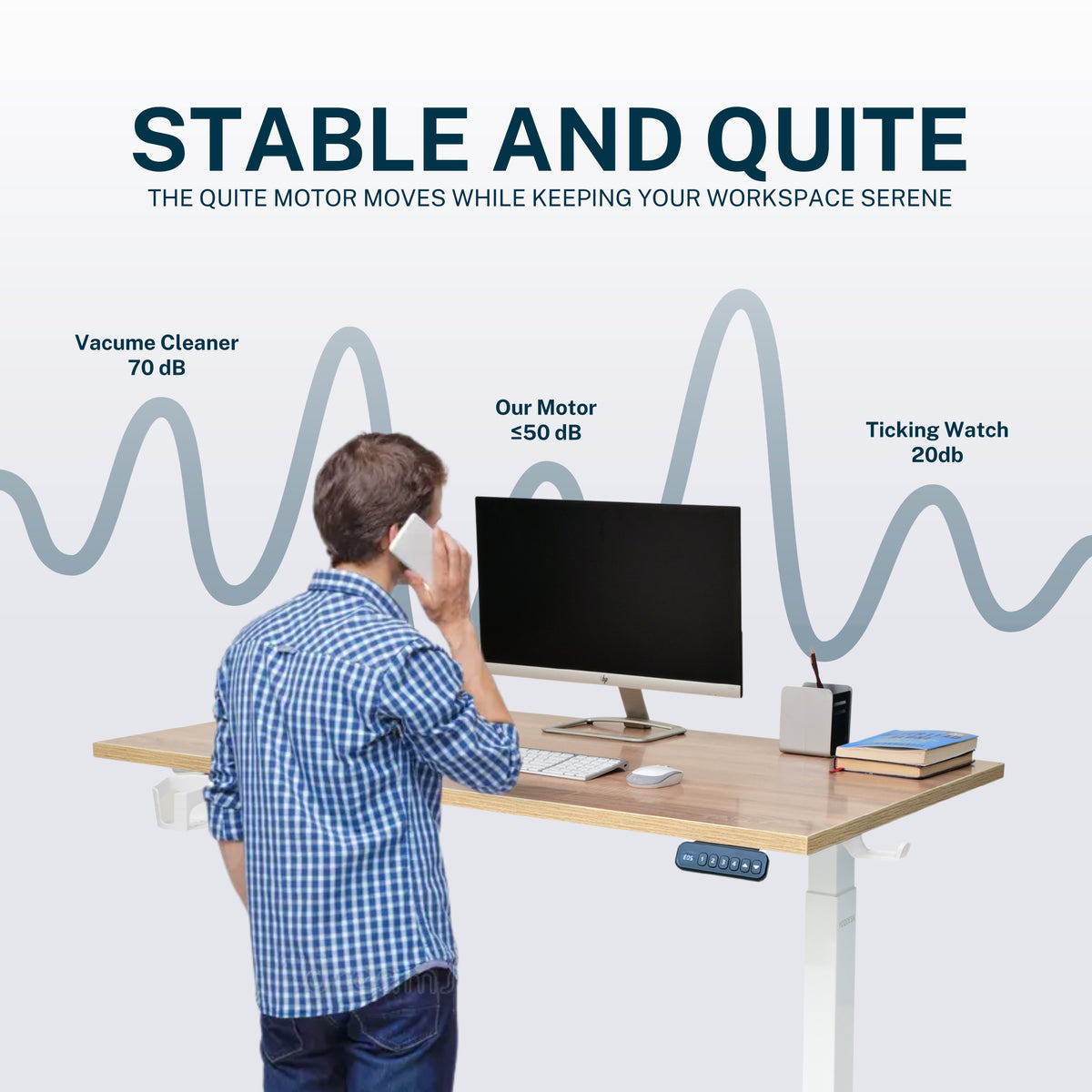 YooDesk Lite Series single motor 2-stage height adjustable standing desk in white frame with Highland Pine tabletop, featuring stable and quiet performance