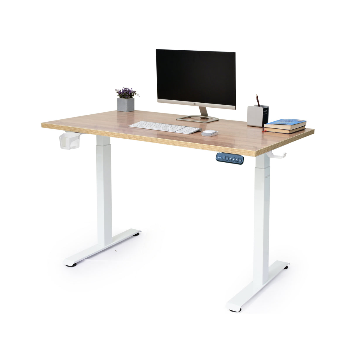 YooDesk Lite Series single motor 2-stage height adjustable standing desk in white frame with Highland Pine tabletop