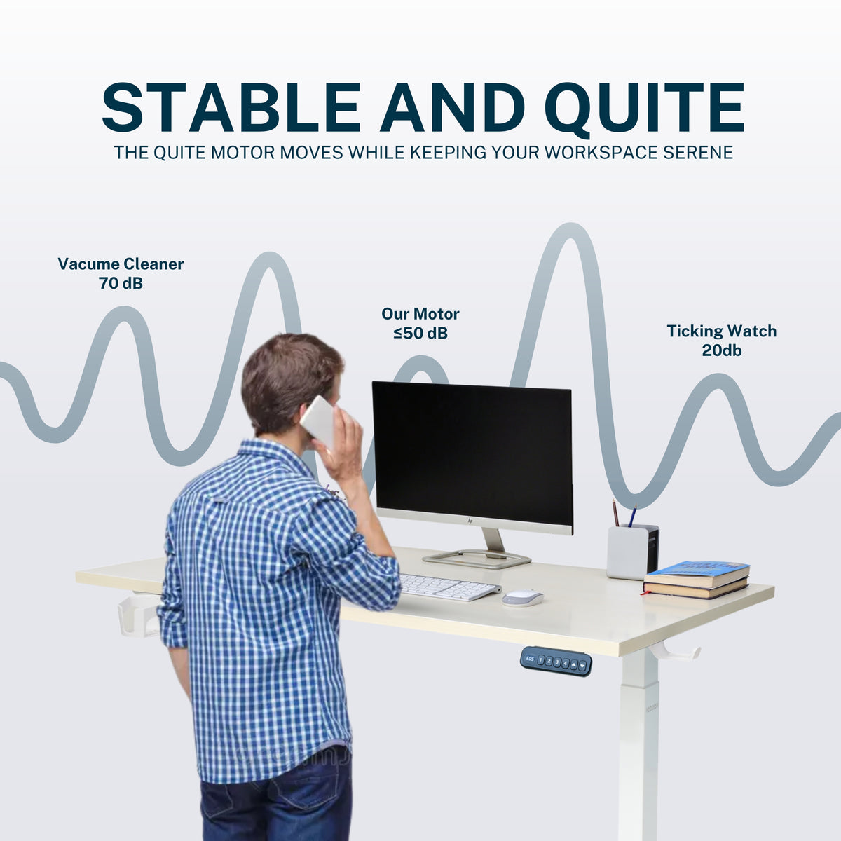 YooDesk Lite Series single motor 2-stage height adjustable standing desk in white frame with Sonoma Light tabletop, featuring stable and quiet performance