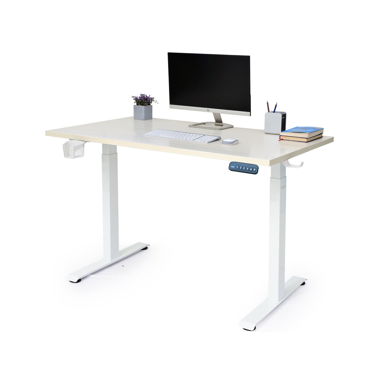YooDesk Lite Series single motor 2-stage height adjustable standing desk in white frame with Sonoma Light tabletop