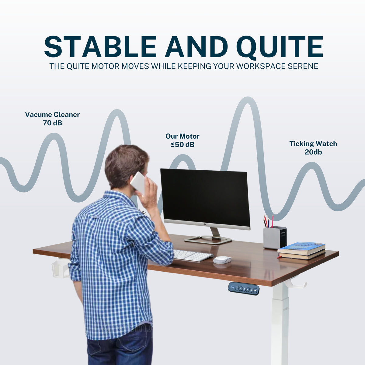 YooDesk Lite Series single motor 2-stage height adjustable standing desk in white frame with Walnut tabletop, featuring stable and quiet performance