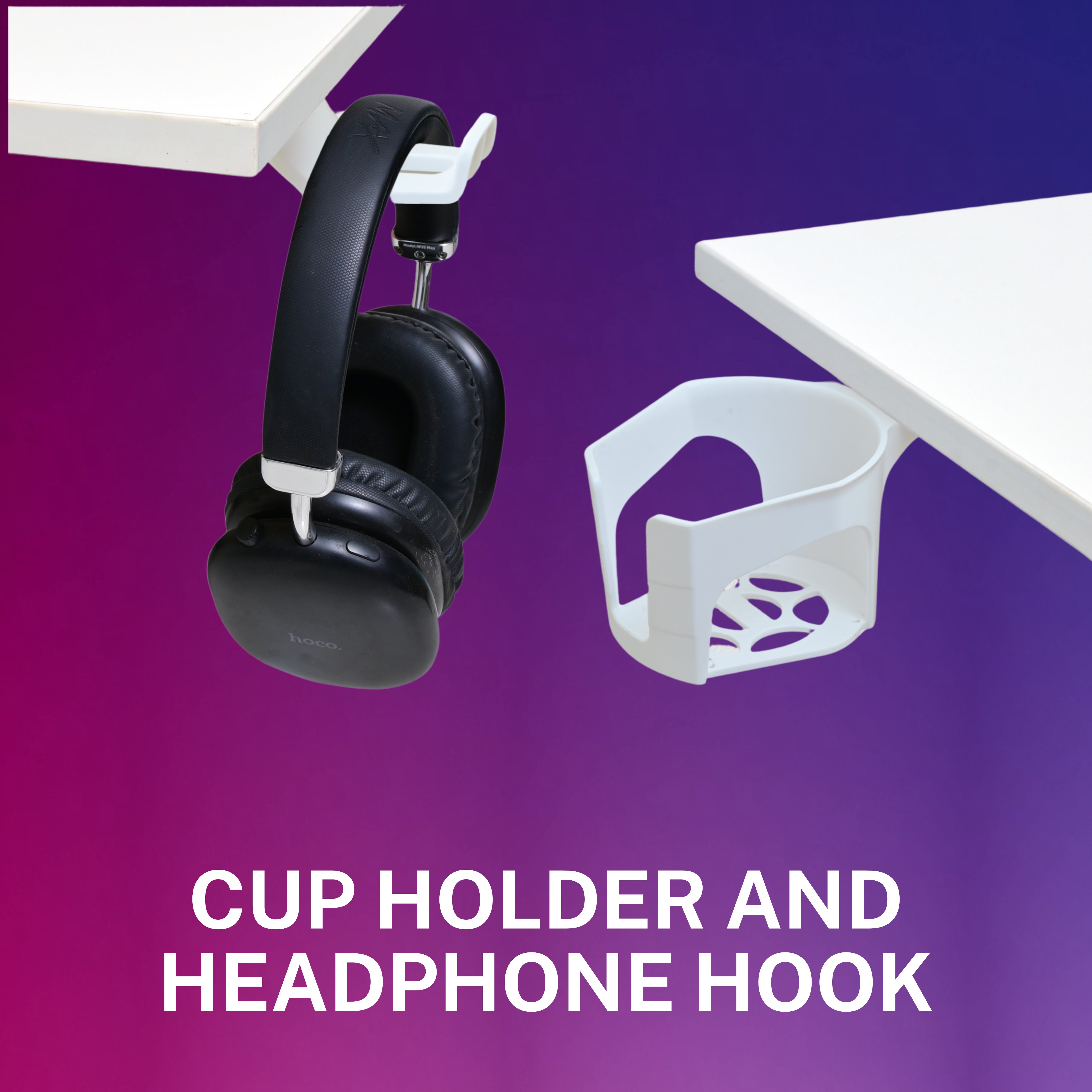 Yoodesk Pro Series white standing desk with cup holder and headphone hook