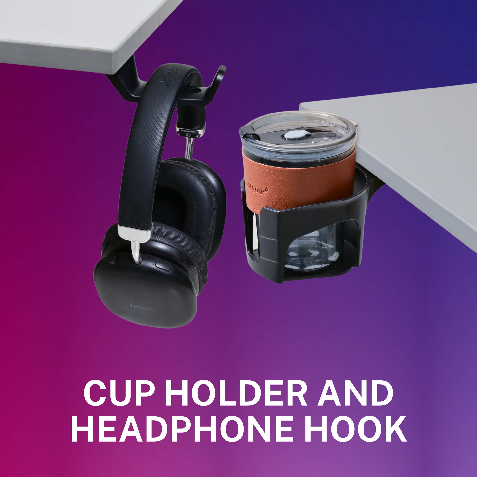 Yoodesk Pro Series black standing desk with cup holder and headphone hook