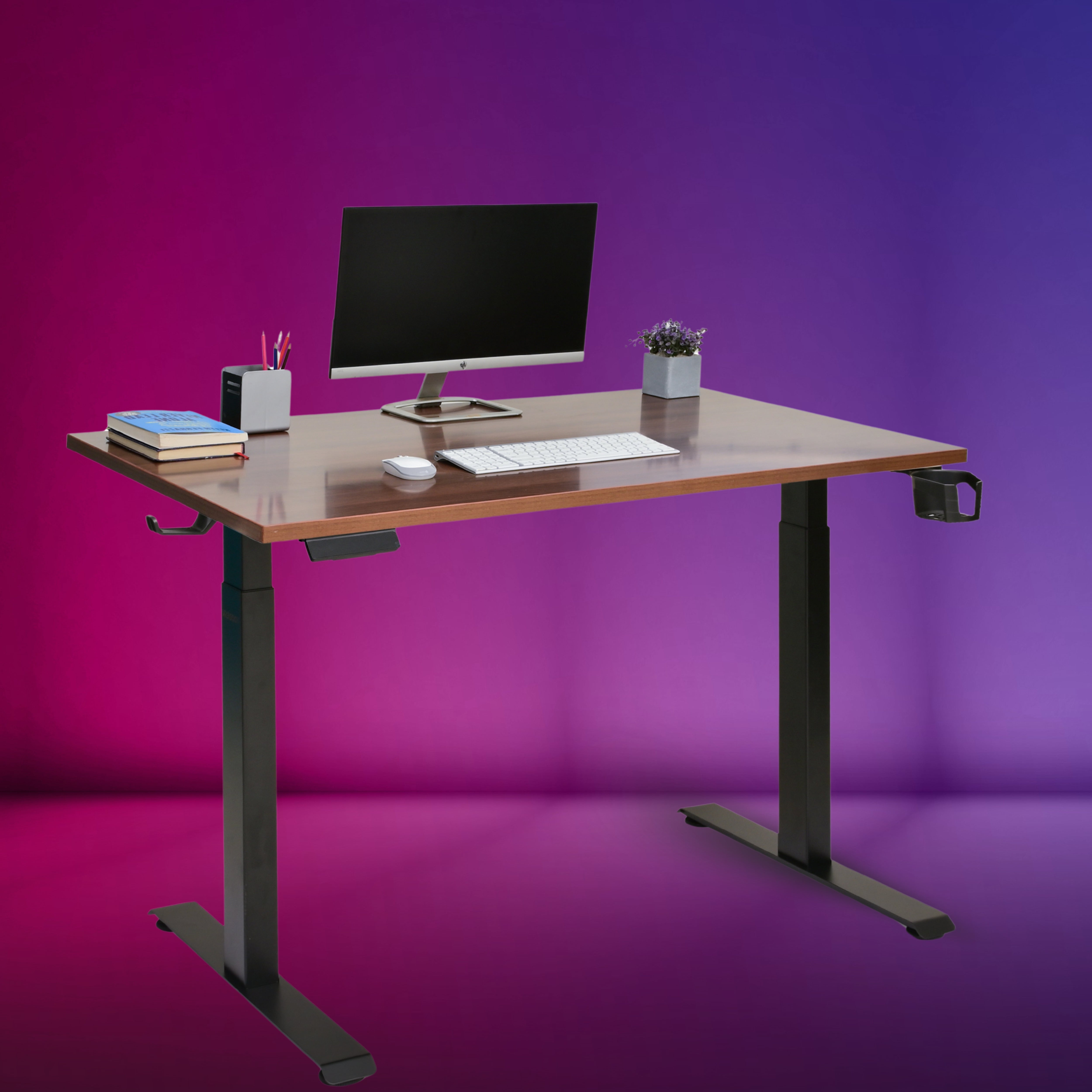 YooDesk Pro Series dual motor 2-stage height adjustable standing desk with black frame and brown tabletop