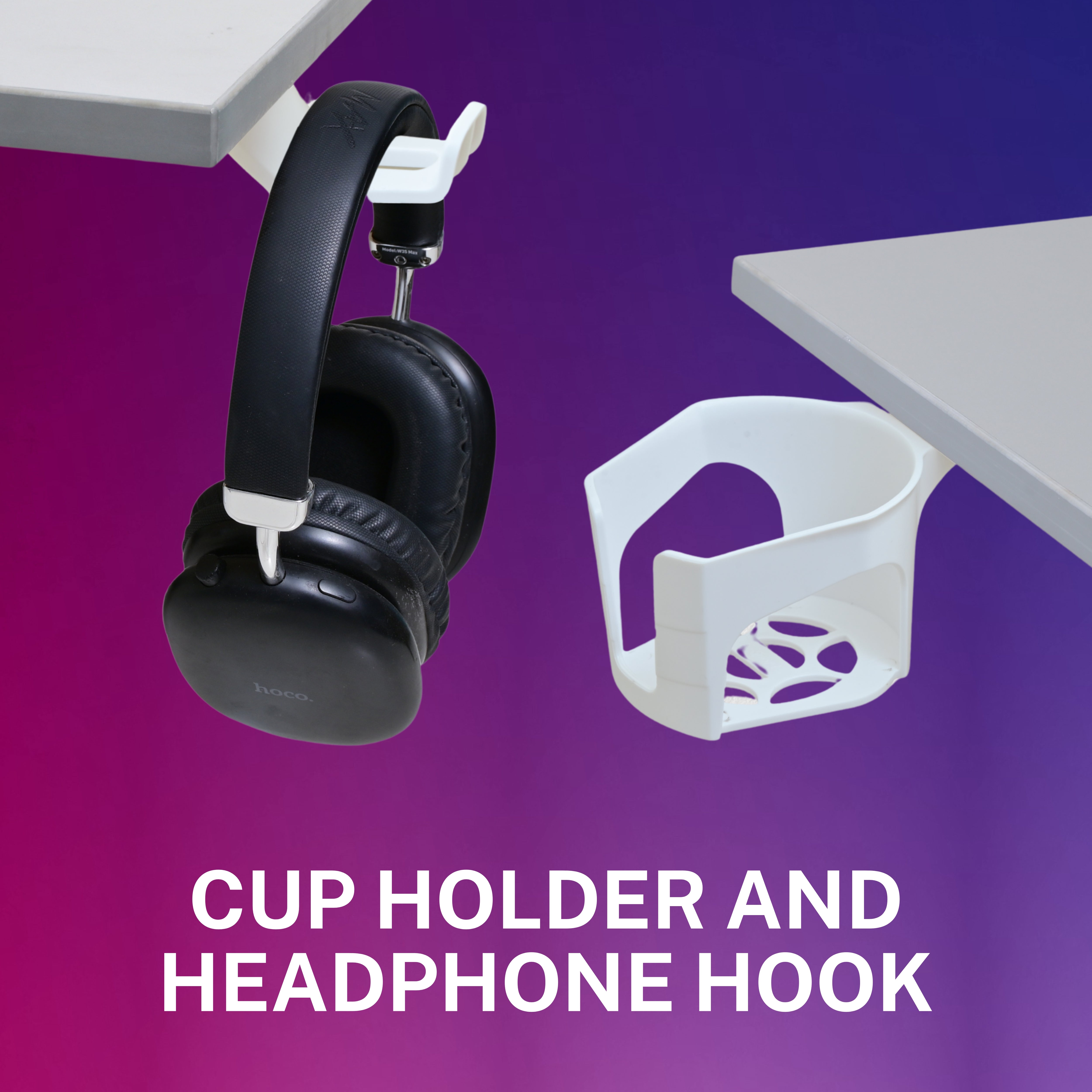 Yoodesk Pro Series white standing desk with cup holder and headphone hook