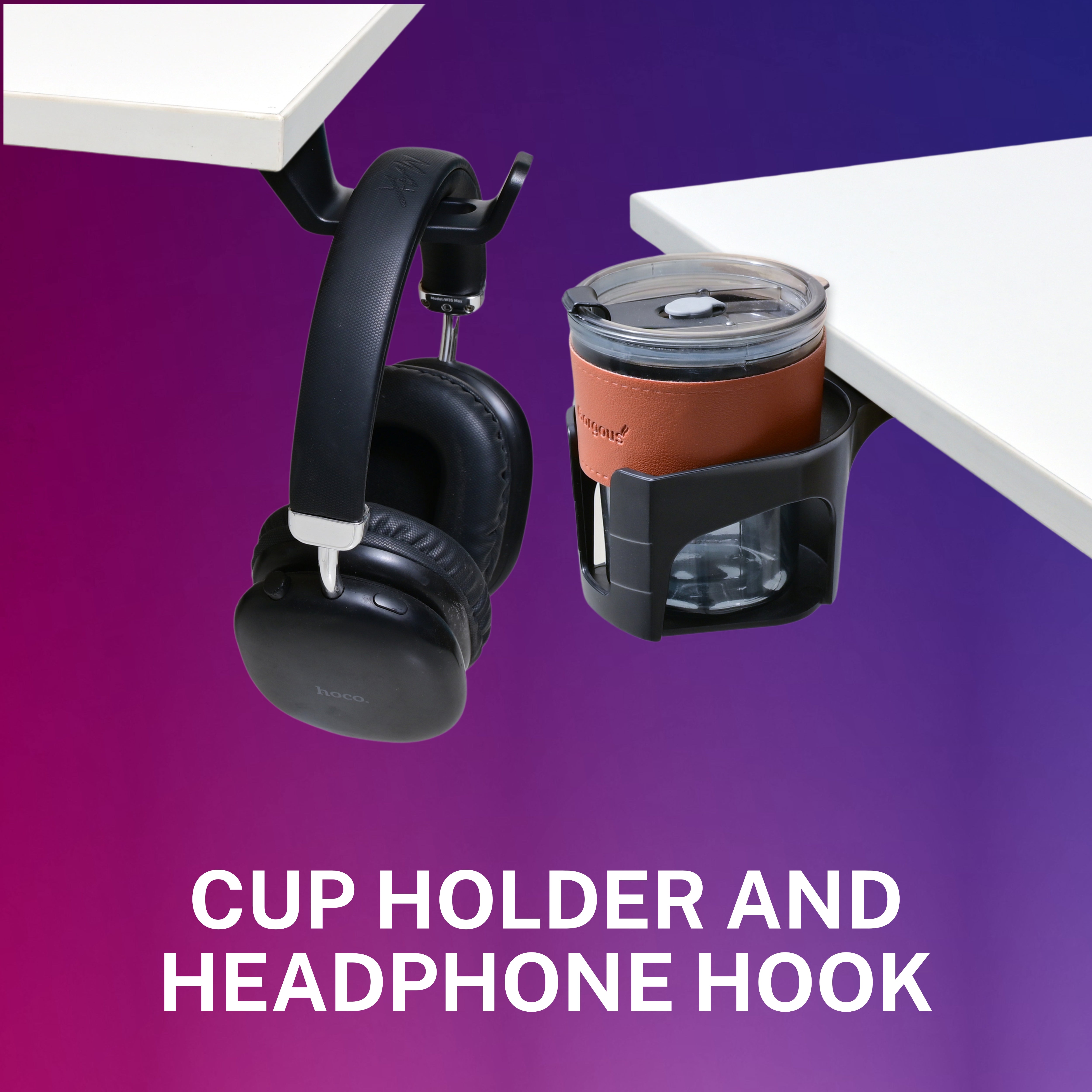 Yoodesk Pro Series white standing desk with cup holder and headphone hook
