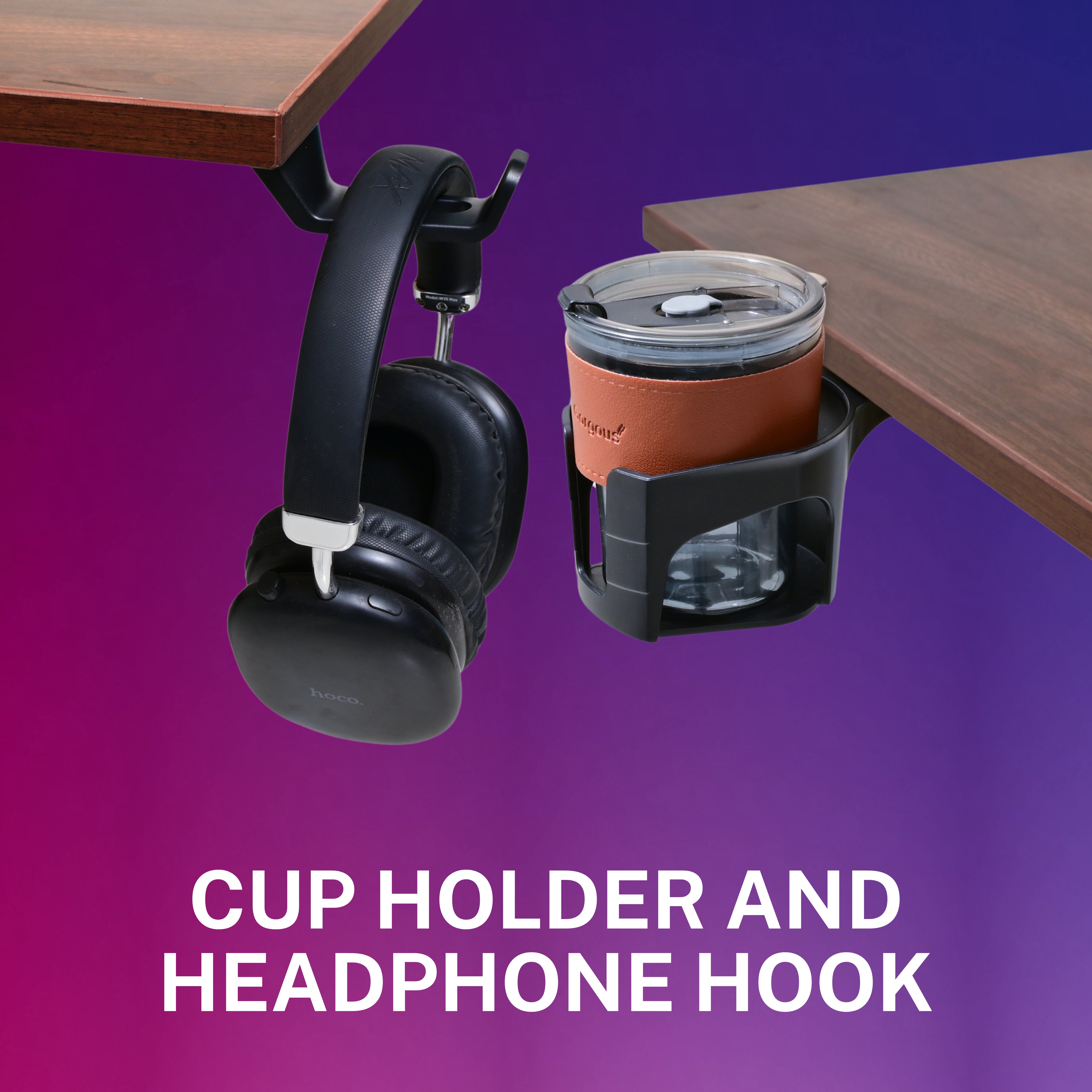 Yoodesk Pro Series white standing desk with cup holder and headphone hook