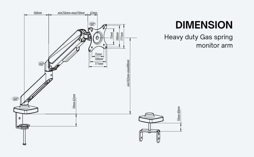 Yoodesk S100 Single Monitor Arm dimensions diagram