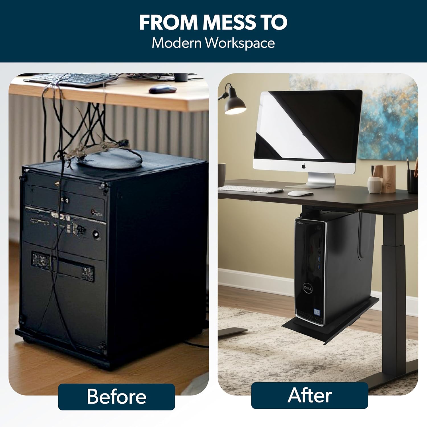 Before and after showing a computer tower on the floor versus mounted with a YooDesk CPU holder