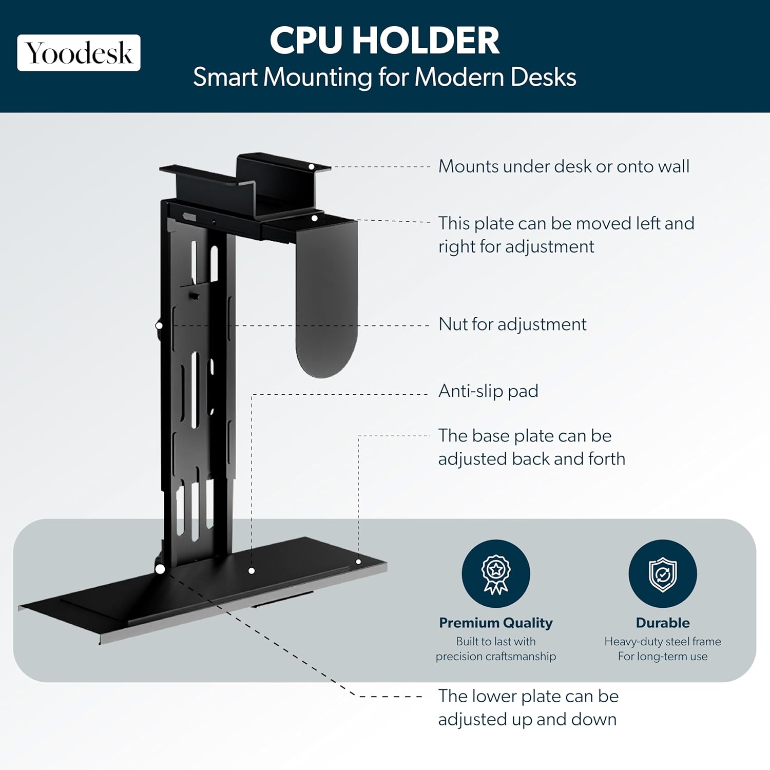 YooDesk under desk CPU holder with adjustable plates, anti-slip pad and heavy-duty steel frame
